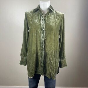 John Mark Large Crushed Velvet Button Up Shirt Blouse Top Long Sleeve Green